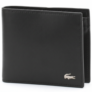 Front view of a Lacoste men's black leather bifold wallet showcasing a smooth finish and the iconic silver metal crocodile logo in the corner