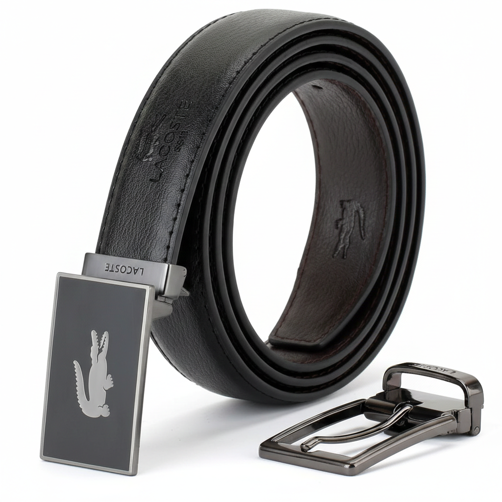 Top-down view of a rolled Lacoste black leather belt shown with its classic gunmetal-toned pin buckle featuring engraved brand lettering