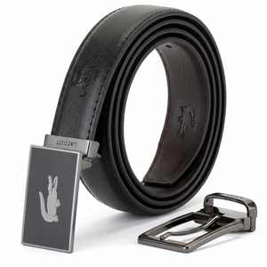 Top-down view of a rolled Lacoste black leather belt shown with its classic gunmetal-toned pin buckle featuring engraved brand lettering