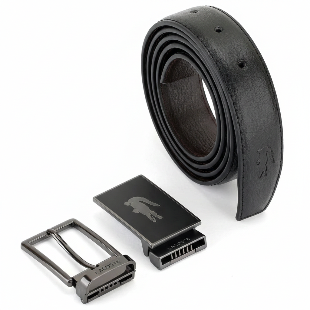 Luxury Lacoste black leather belt displayed with its stylish modern plaque buckle and signature silver crocodile emblem on a clean white background