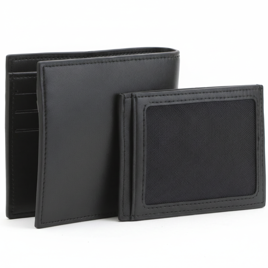 Display of a Lacoste men's black leather bifold wallet standing next to its matching removable passcase insert, featuring a textured ID window