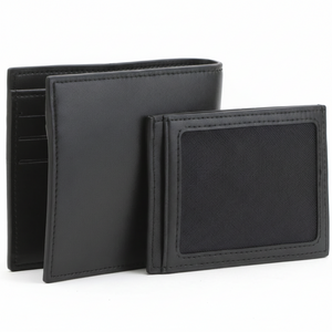 Display of a Lacoste men's black leather bifold wallet standing next to its matching removable passcase insert, featuring a textured ID window