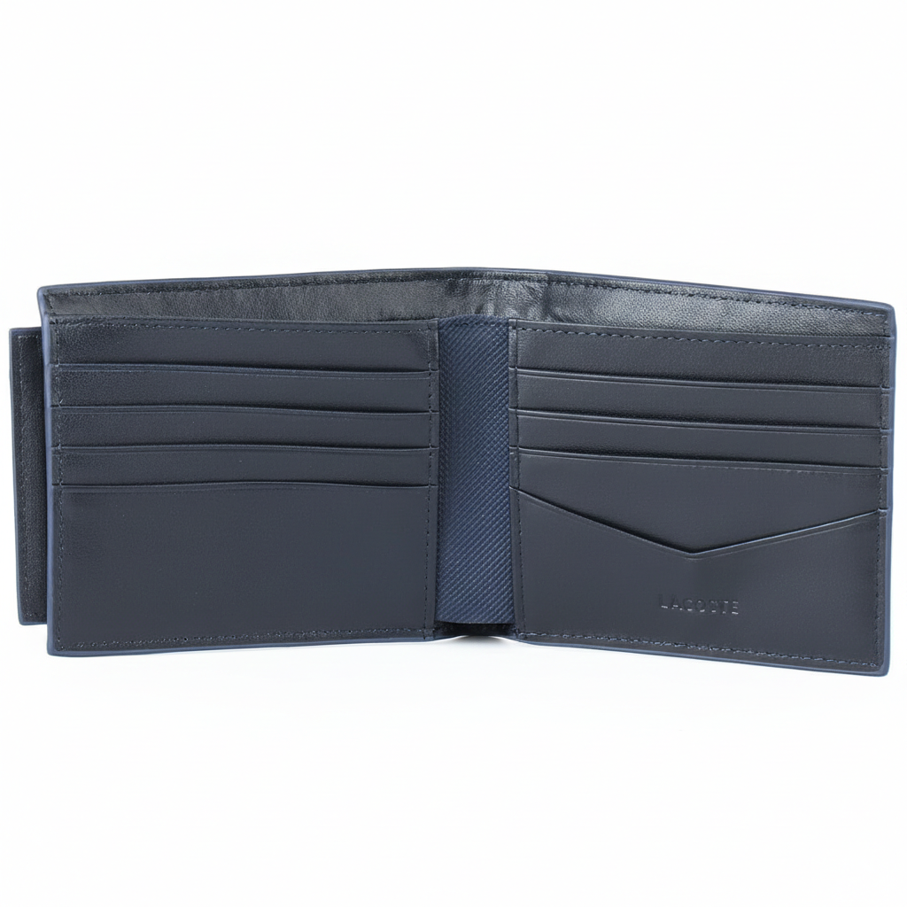 Full interior view of an open Lacoste men's navy blue leather wallet showcasing multiple card slots and debossed Lacoste branding on the leather