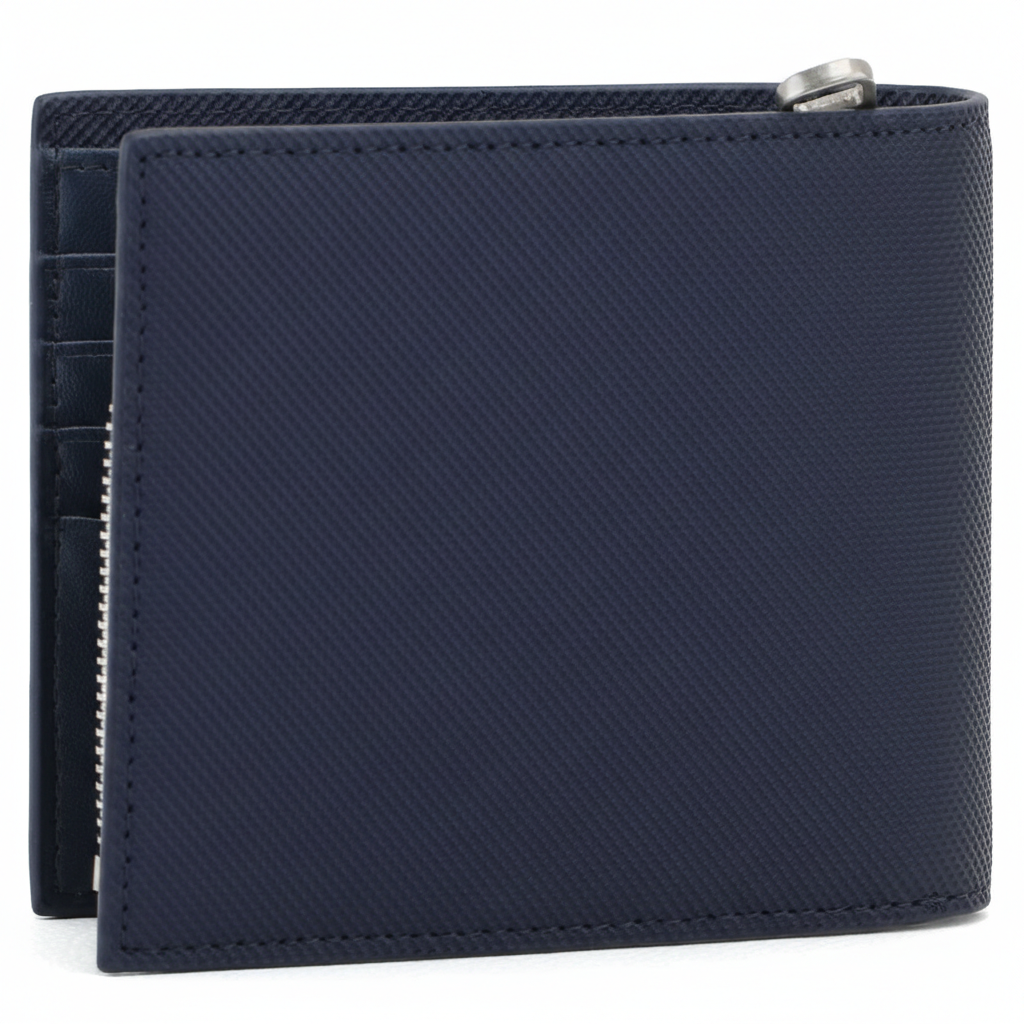 Rear view of a closed Lacoste men's navy blue textured leather wallet highlighting the durable scratch-resistant finish and a visible silver zipper pull at the top
