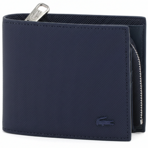 Front view of a Lacoste men's navy blue textured leather wallet featuring a tonal navy crocodile logo and a silver zipper pull for the coin compartment