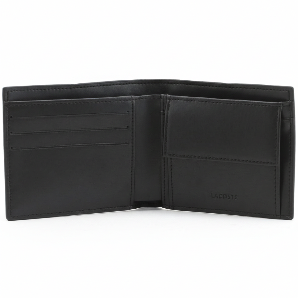 Interior view of an open Lacoste men's black leather wallet showcasing card slots on the left, debossed branding, and a snap-button coin pocket on the right