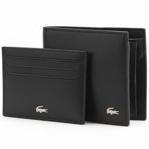 Black leather wallet and cardholder with brand logo on a white background