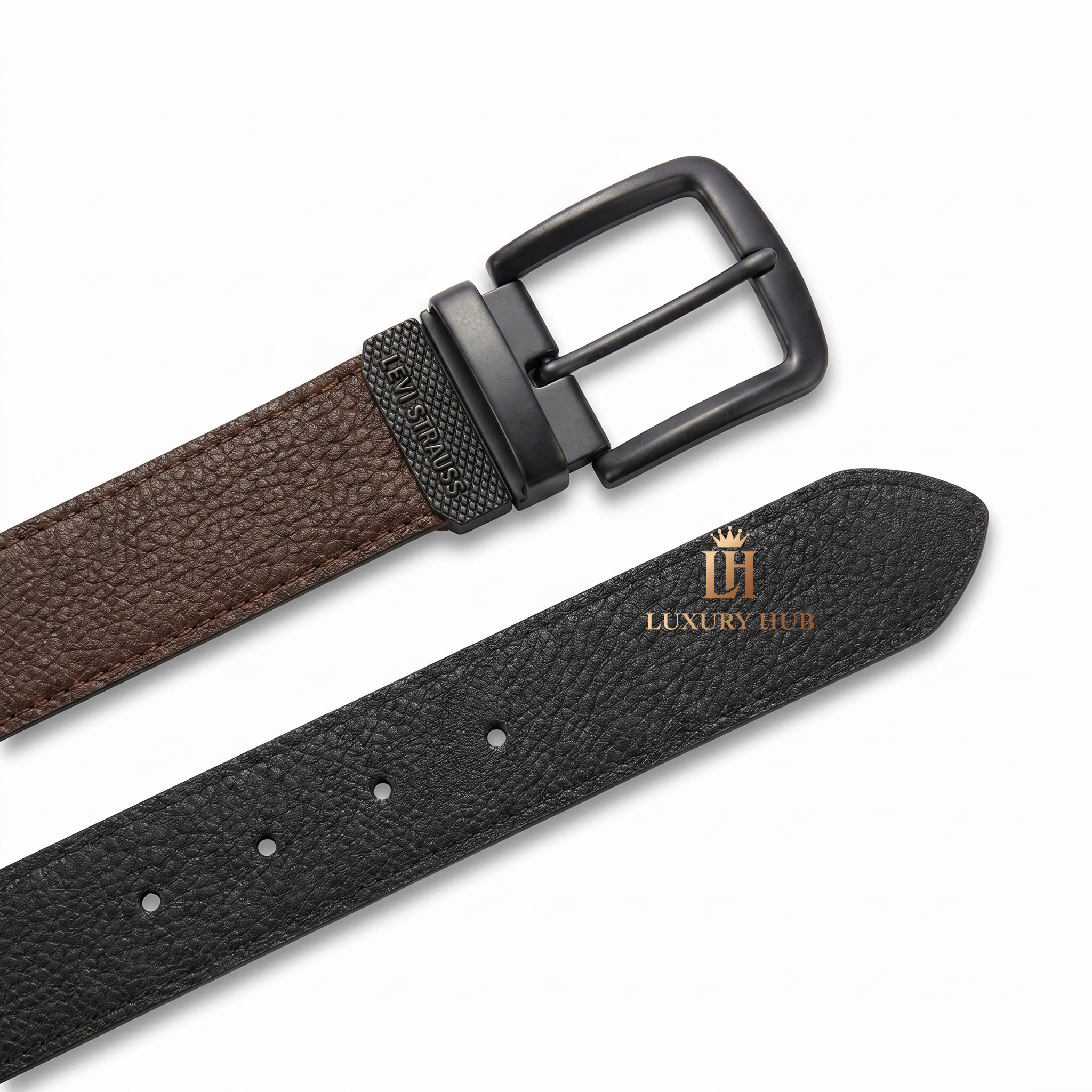Detailed view of the Levi's double-face belt showing the reversible black and brown grained leather textures