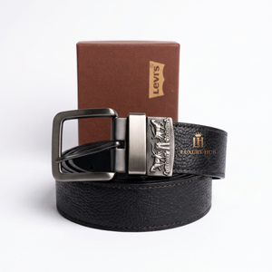 Full set of Levi's mirror original reversible grained leather belt with polished silver buckle and luxury branded box