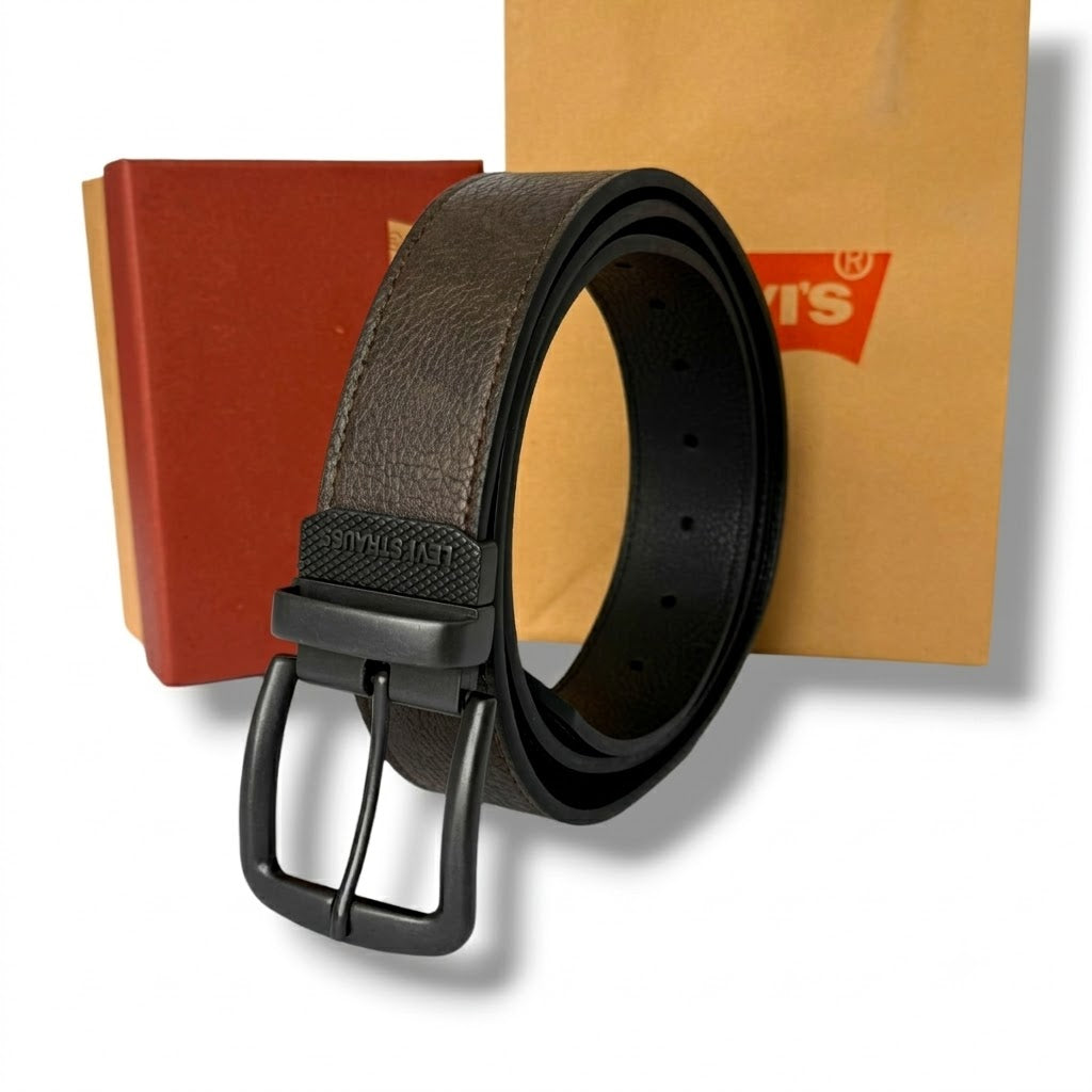 Premium Levi's mirror original reversible grained leather belt set with matte silver buckle and luxury packaging
