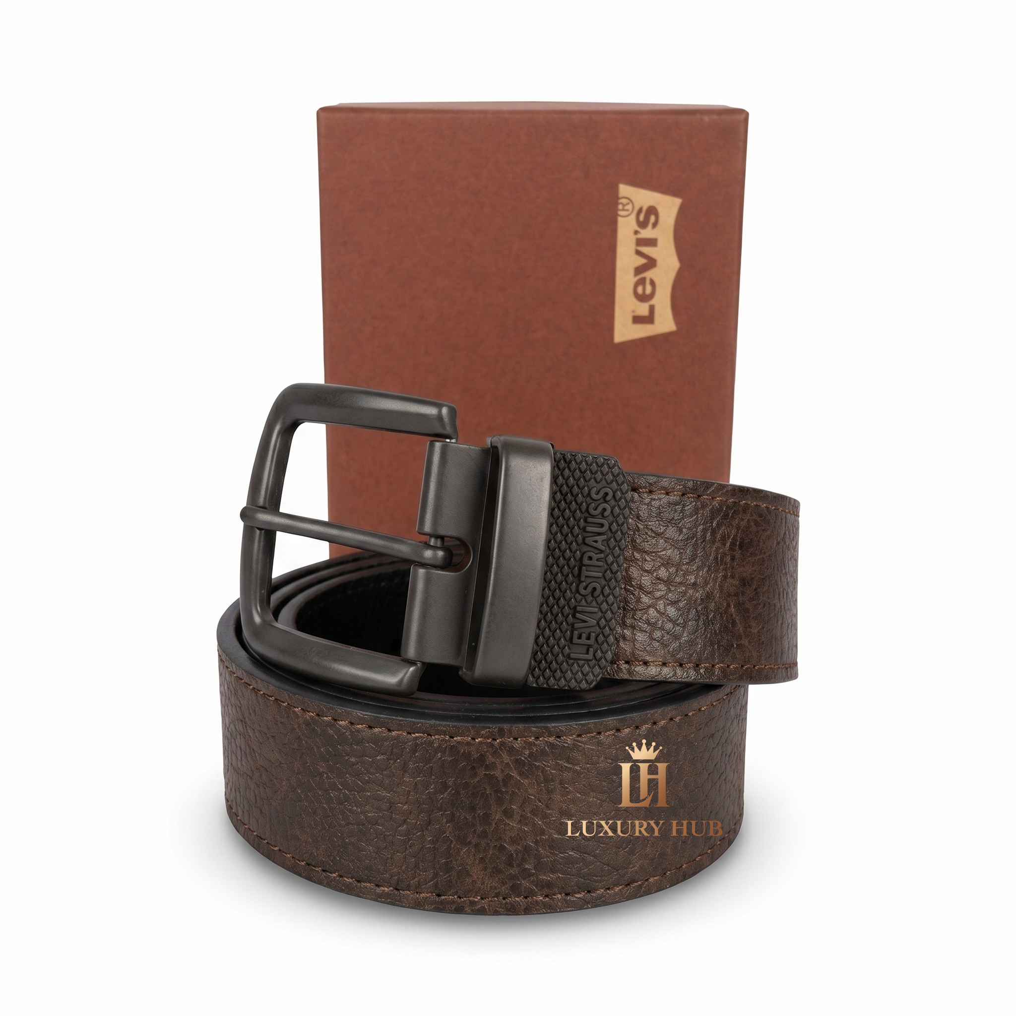 Premium Levi's mirror original reversible grained leather belt set with matte silver buckle and luxury packaging