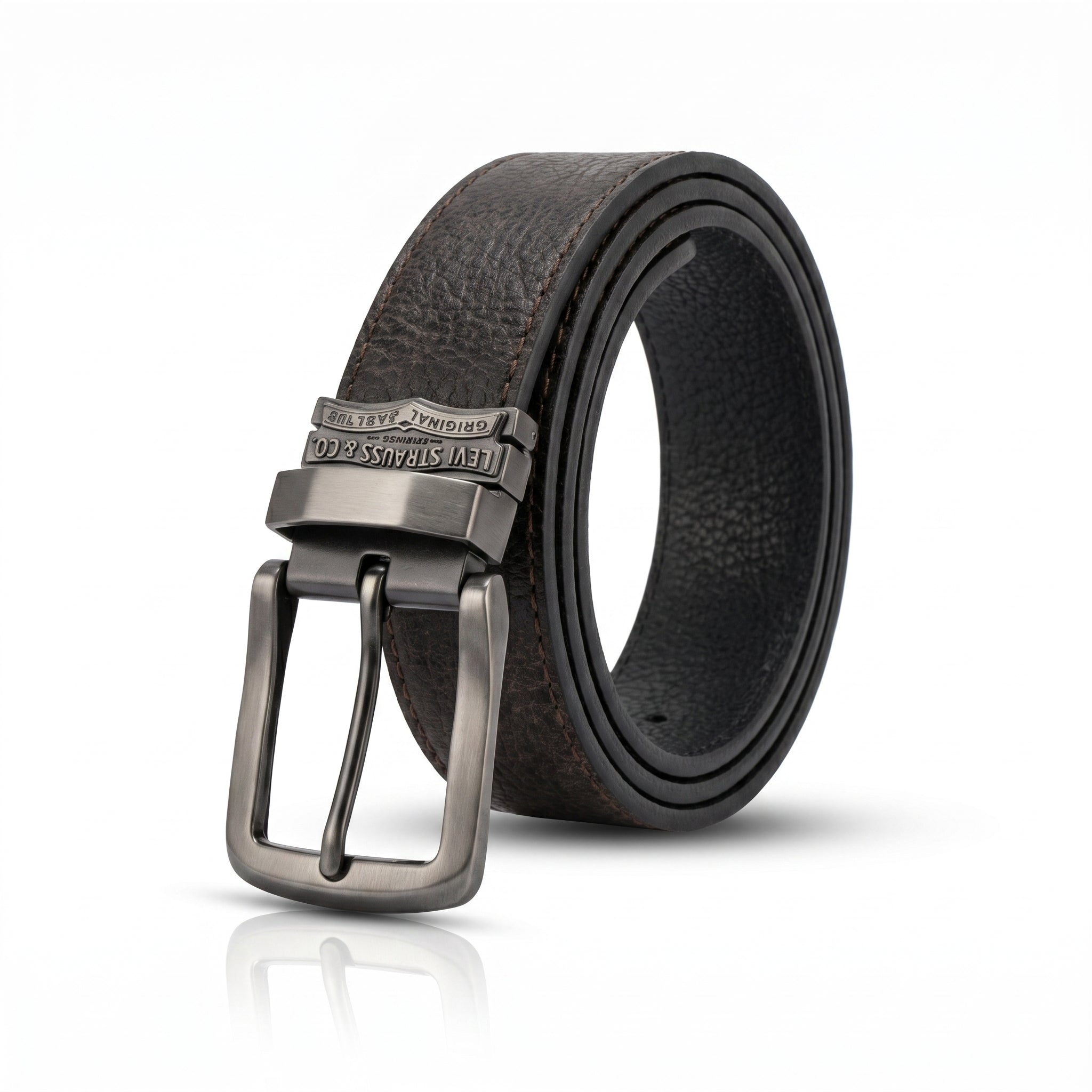 Brown leather belt with silver buckle on a white background
