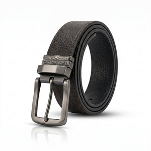 Brown leather belt with silver buckle on a white background