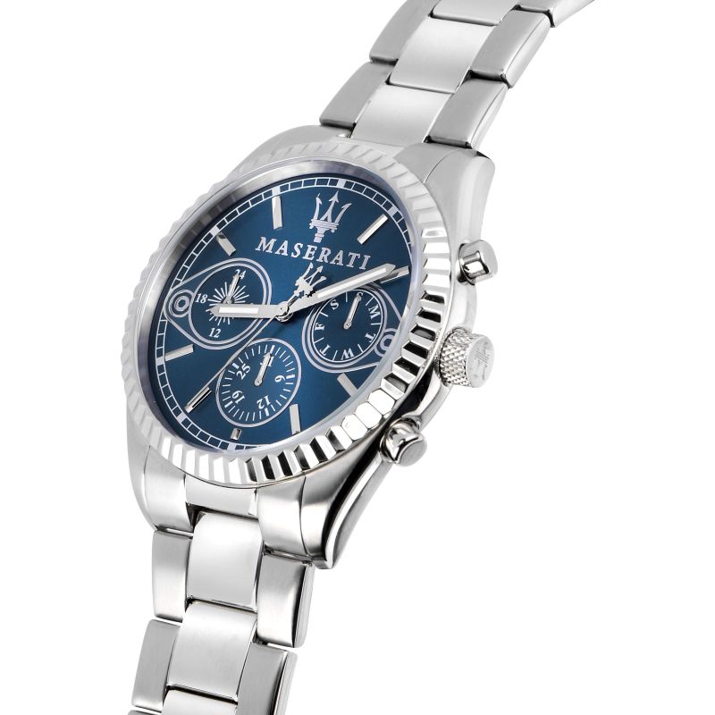 Left side perspective of the silver stainless steel link bracelet on the Maserati Competizione watch