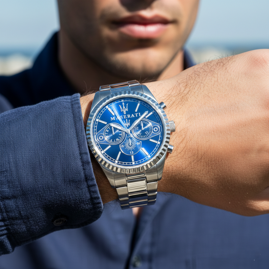 Man wearing Maserati Competizione silver watch with blue dial for a classic sophisticated look