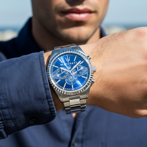 Man wearing Maserati Competizione silver watch with blue dial for a classic sophisticated look
