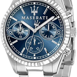 Angled view of Maserati R8853100013 highlighting the distinctive silver fluted bezel