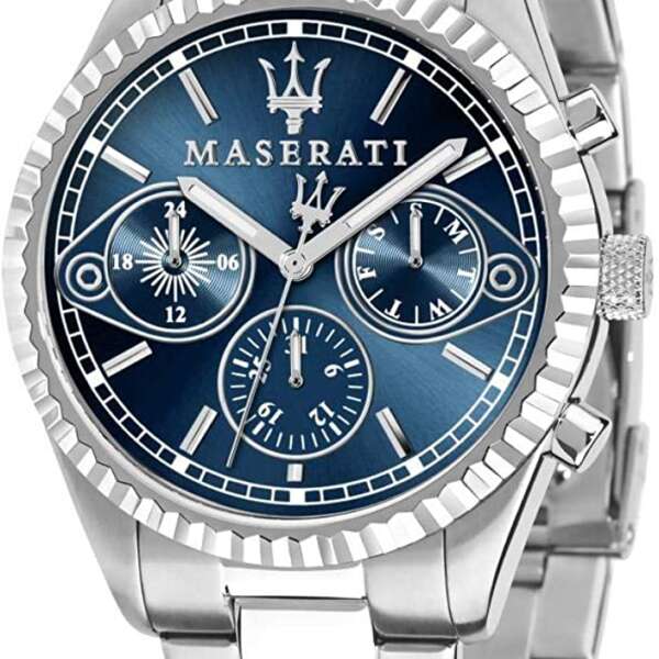 Angled view of Maserati R8853100013 highlighting the distinctive silver fluted bezel
