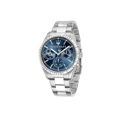 Detailed side view of the silver crown and multifunction pushers on the R8853100013
