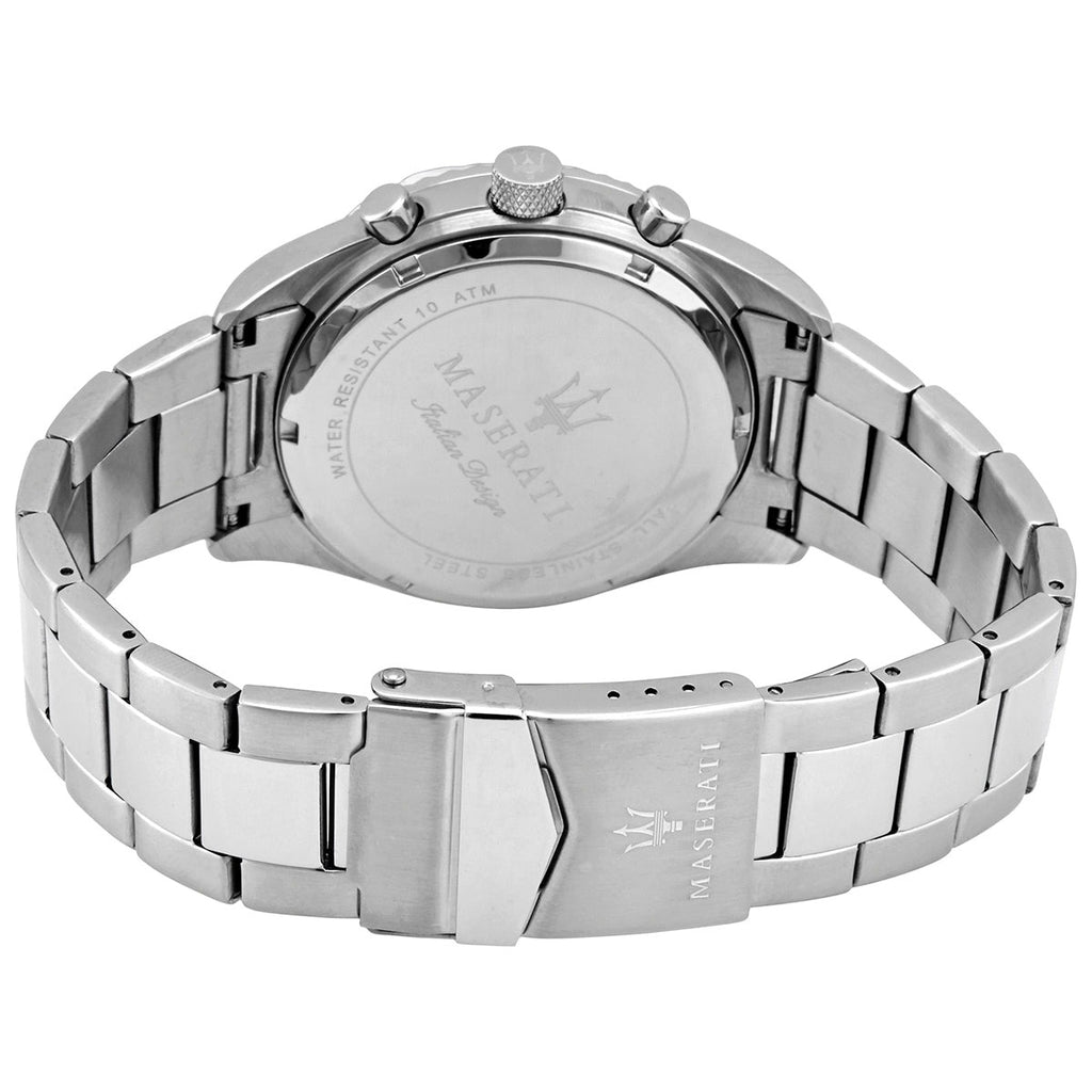 Back view of the Maserati R8853100014 watch showing the stainless steel caseback and specs