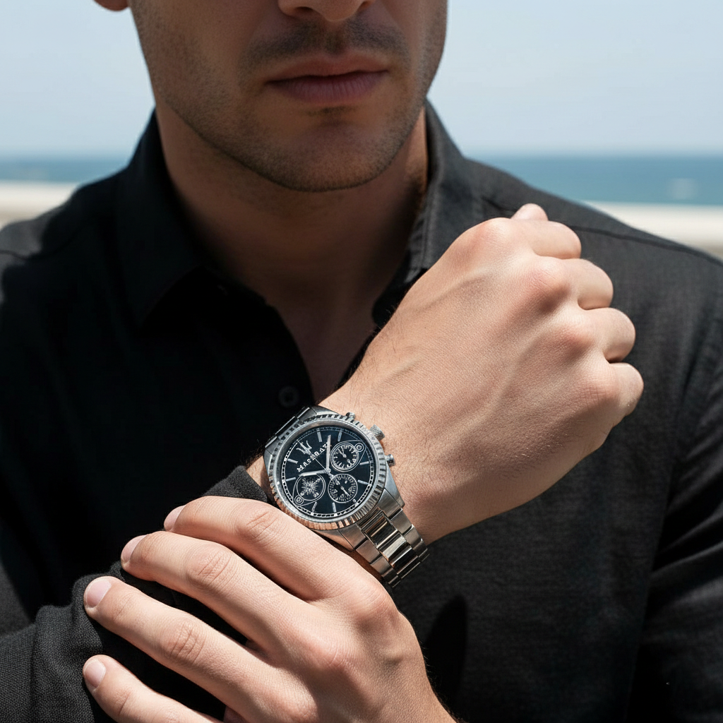Model wearing Maserati Competizione silver watch in a lifestyle shot with half face showing and matching attire