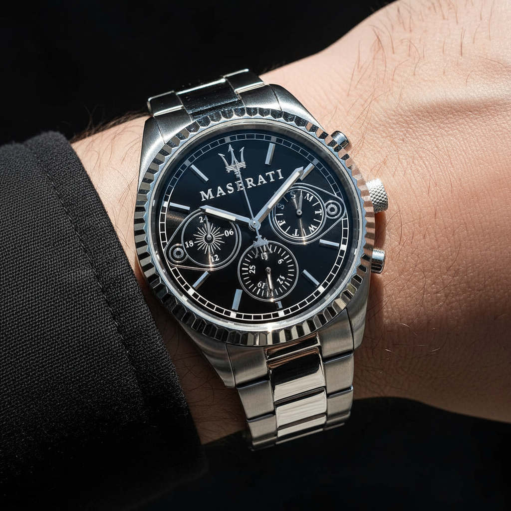 Ultra close-up of Maserati R8853100014 on model's wrist showing the black multifunction dial and sleeve detail
