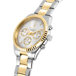 Angled view of the Maserati R8853100021 highlighting the silver case and gold crown