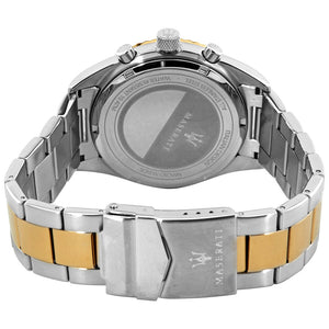 Back view of the Maserati R8853100021 watch showing the stainless steel caseback and serial number details