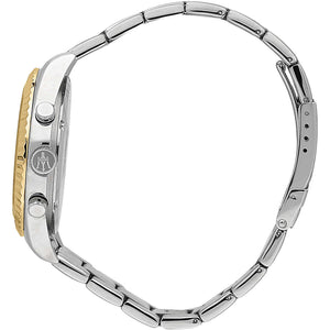 Detailed side view of the gold-tone crown and pushers on the Maserati R8853100021