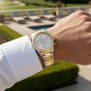 Male model wearing Maserati Competizione R8853100021 two-tone watch with a formal suit