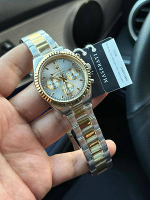 Authentic real-life photo of the Maserati Competizione R8853100021 watch showing actual two-tone finish and silver dial