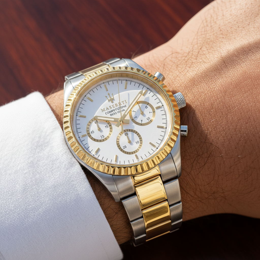 Close up shot of Maserati Competizione R8853100021 watch on wrist showing the silver sunray dial and gold fluted bezel