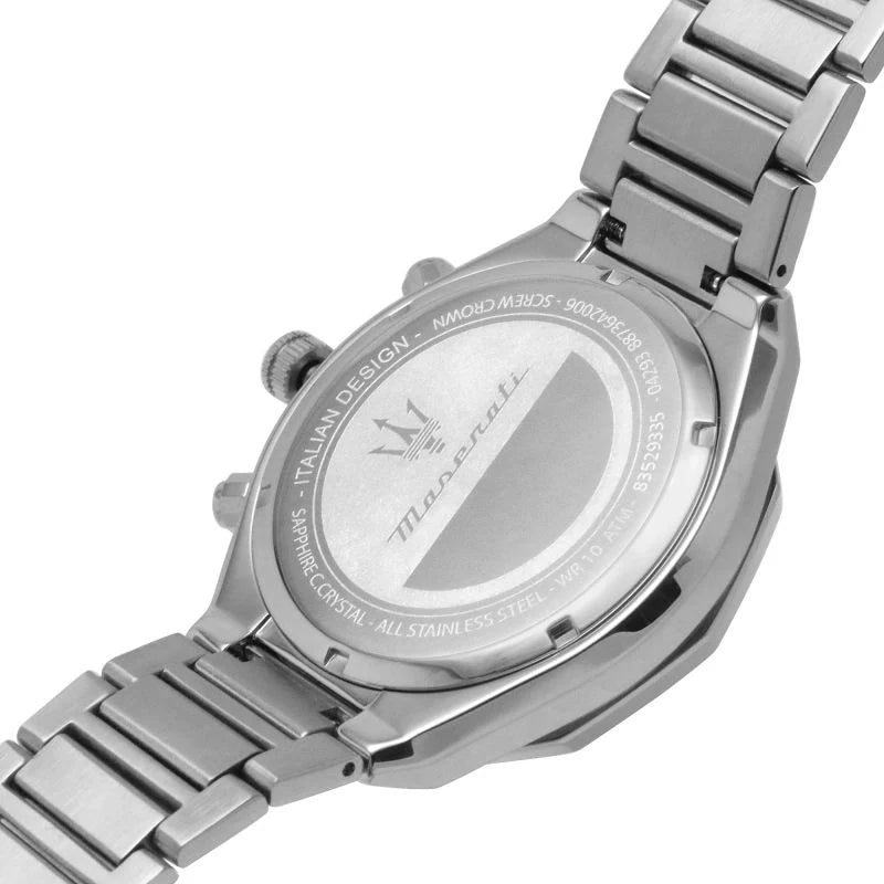 Back view of the Maserati R8853100022 watch showing the stainless steel caseback and serial number details