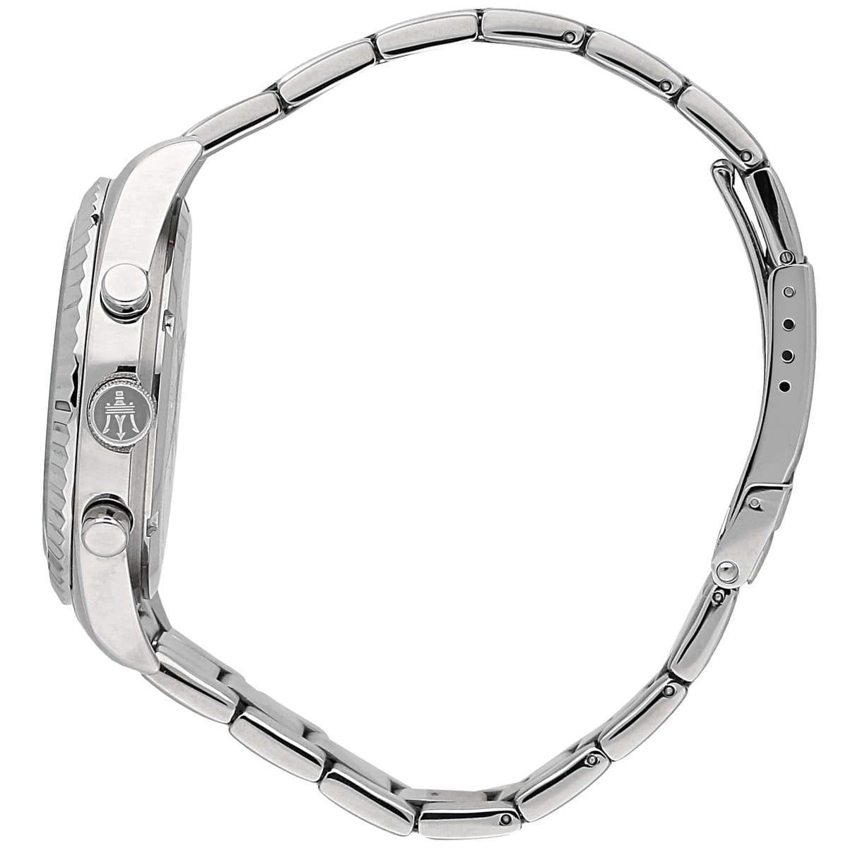 Detailed side view of the silver crown and pushers on the Maserati R8853100022