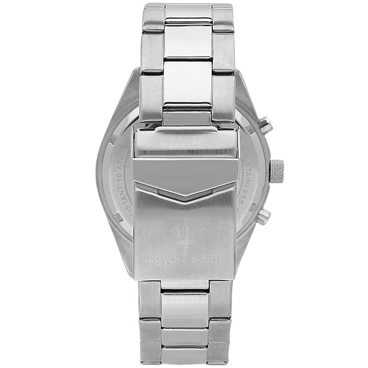 Silver stainless steel deployment clasp with engraved Maserati logo on the bracelet of the R8853100022