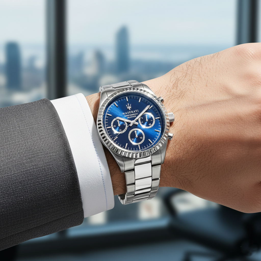 Male model wearing Maserati Competizione R8853100022 silver watch with a business casual outfit