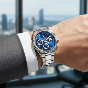 Male model wearing Maserati Competizione R8853100022 silver watch with a business casual outfit