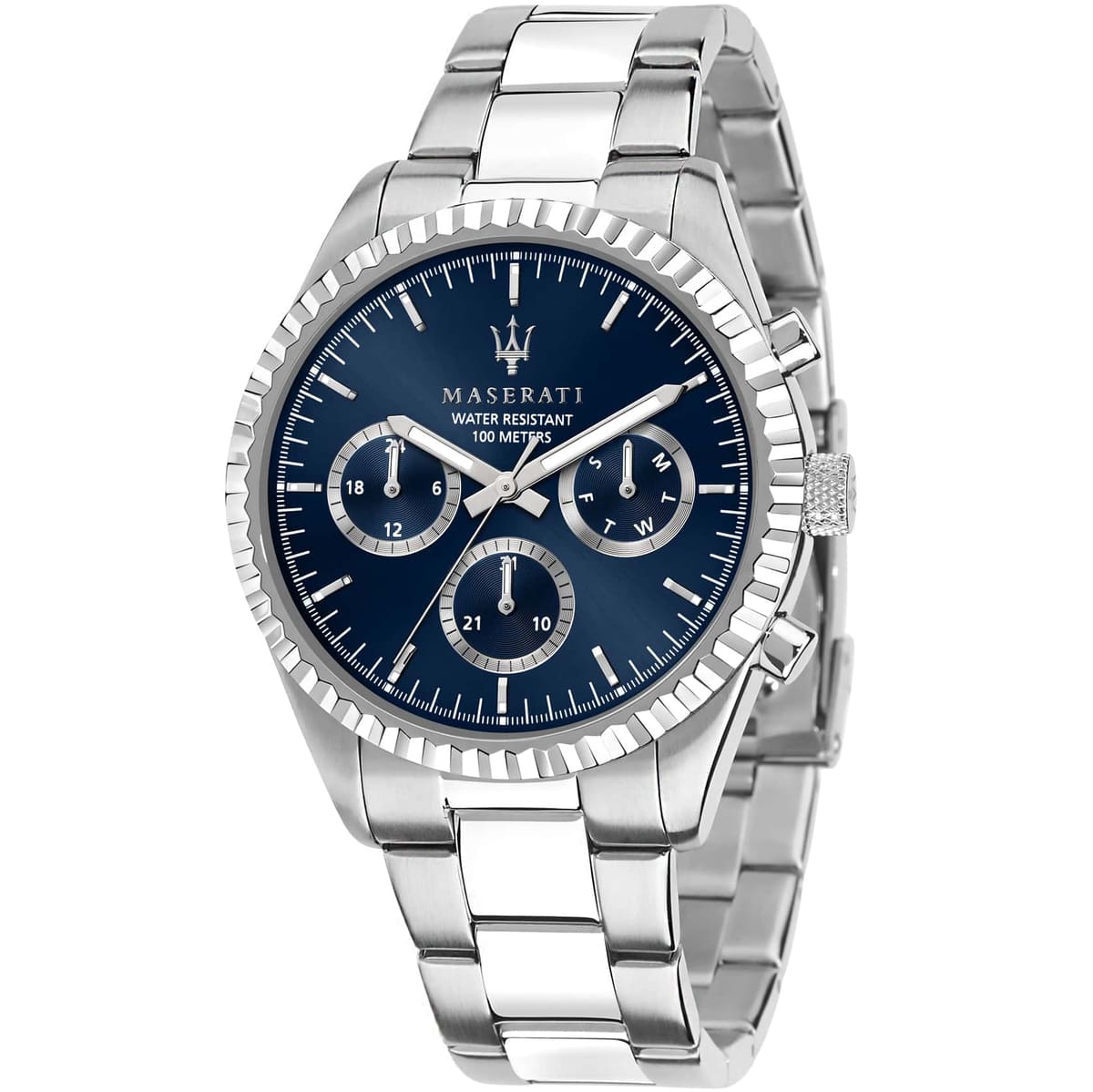 Maserati Competizione R8853100022 men's watch with silver stainless steel bracelet and blue sunray dial