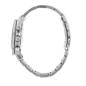 Detailed side view of the silver-tone crown and chronograph buttons on the R8873600003