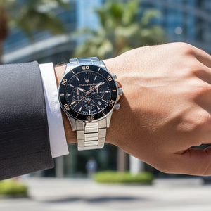 Close up shot of Maserati Competizione R8873600003 on wrist showing the black dial and rose gold trident logo