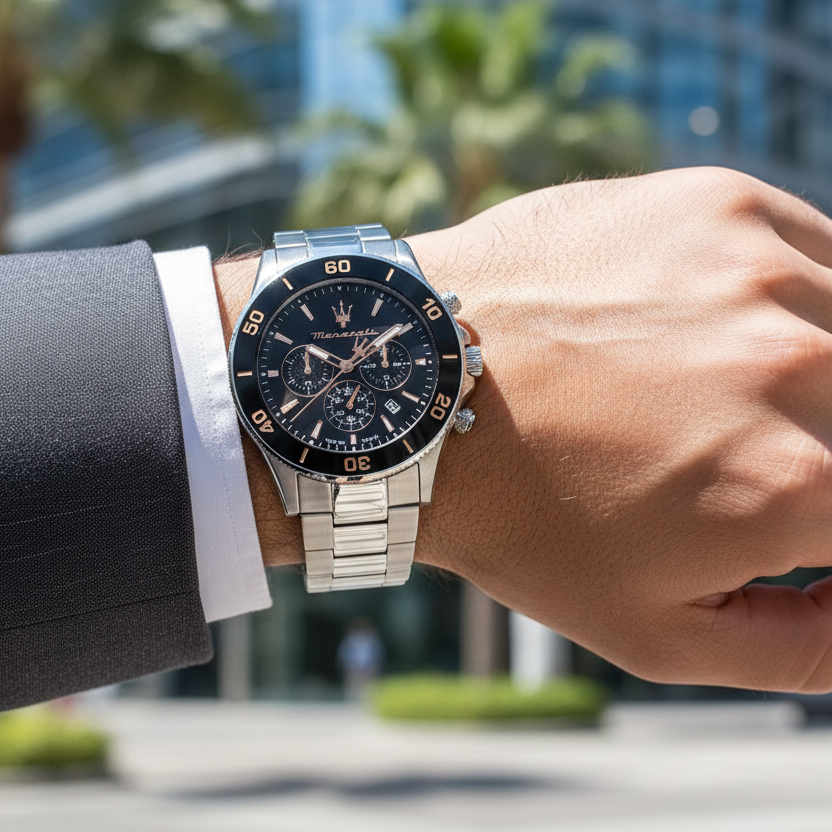 Close up shot of Maserati Competizione R8873600003 on wrist showing the black dial and rose gold trident logo