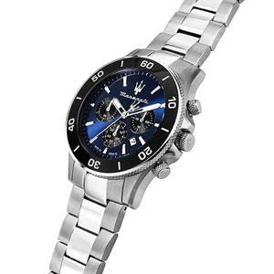 Angled view of the Maserati R8873600009 highlighting the silver case and black bezel contrast