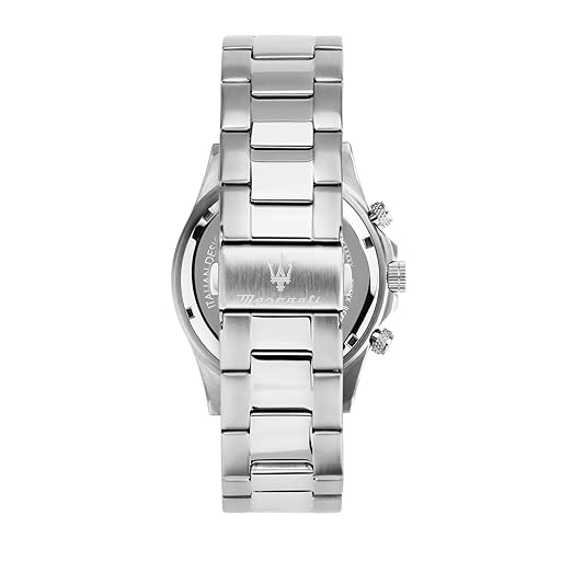 Back view of the Maserati R8873600009 watch showing the stainless steel caseback and serial number details