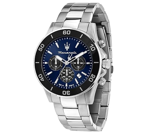 Maserati Competizione R8873600009 men's chronograph watch with silver stainless steel bracelet, blue dial and black bezel