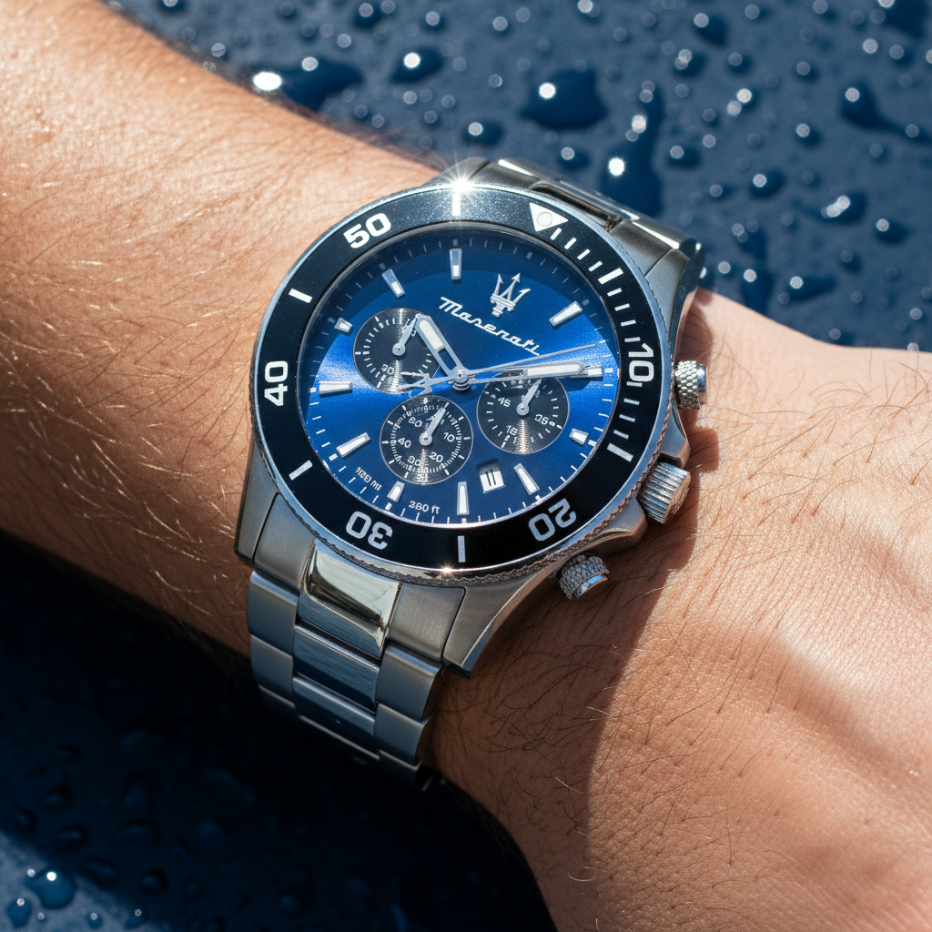 Close up shot of Maserati Competizione R8873600009 watch on wrist showing the blue sunray dial and black rotating bezel