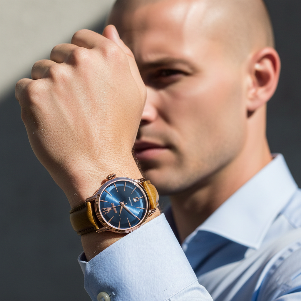 Man wearing Maserati Epoca rose gold watch with blue dial for a sophisticated Italian classic look