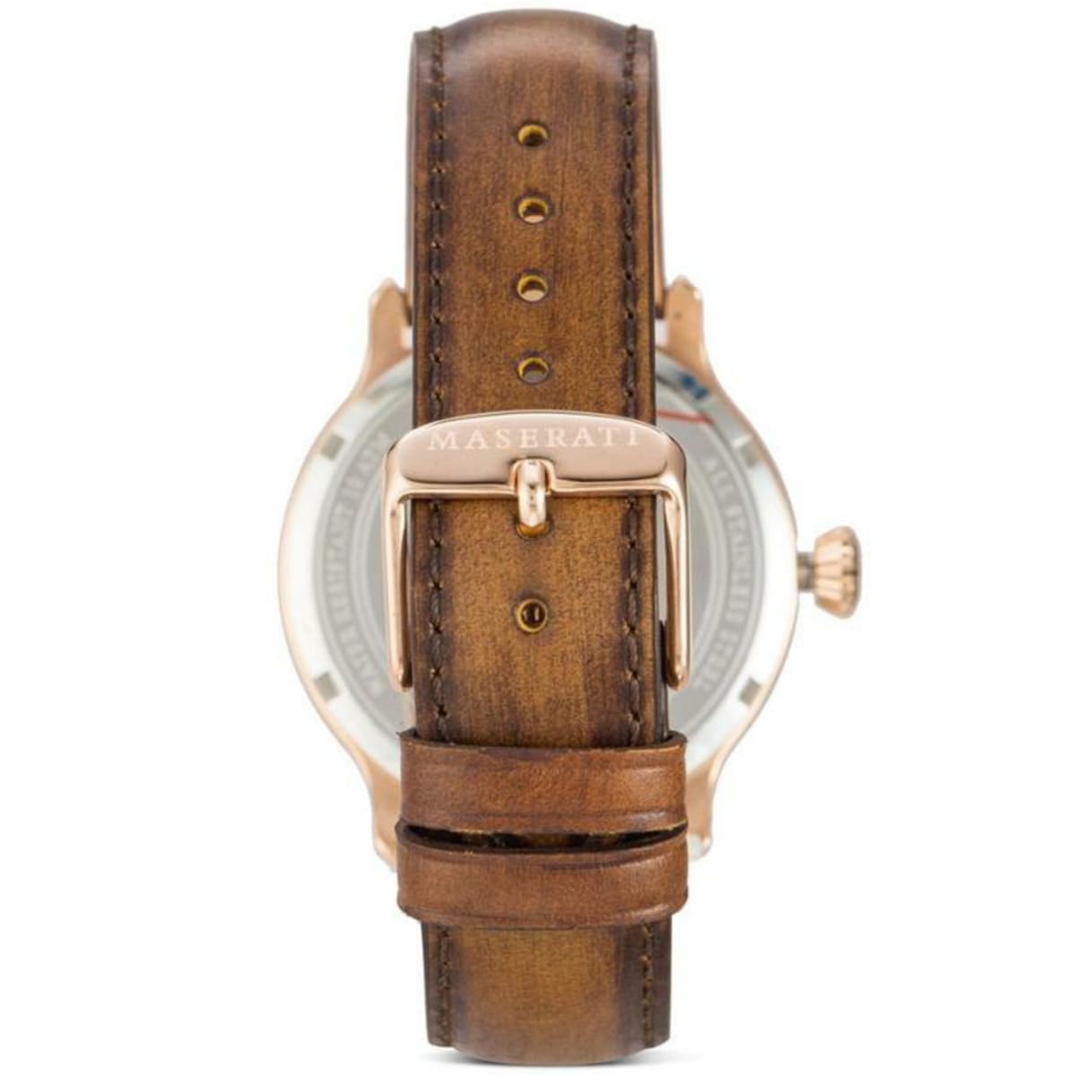 Rose gold-tone tang buckle clasp on the brown leather strap of the R8851118001