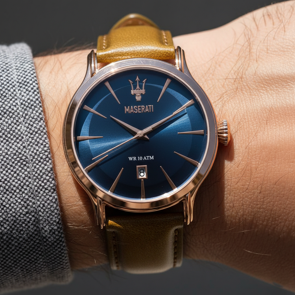 Close up shot of Maserati Epoca R8851118001 on wrist showing the blue dial and rose gold trident logo