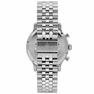 Silver stainless steel deployment clasp with Maserati logo on the jubilee bracelet