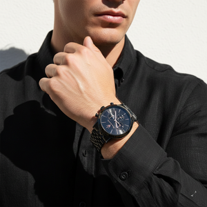 Man wearing Maserati Epoca black jubilee watch reflecting Italian luxury and elite style